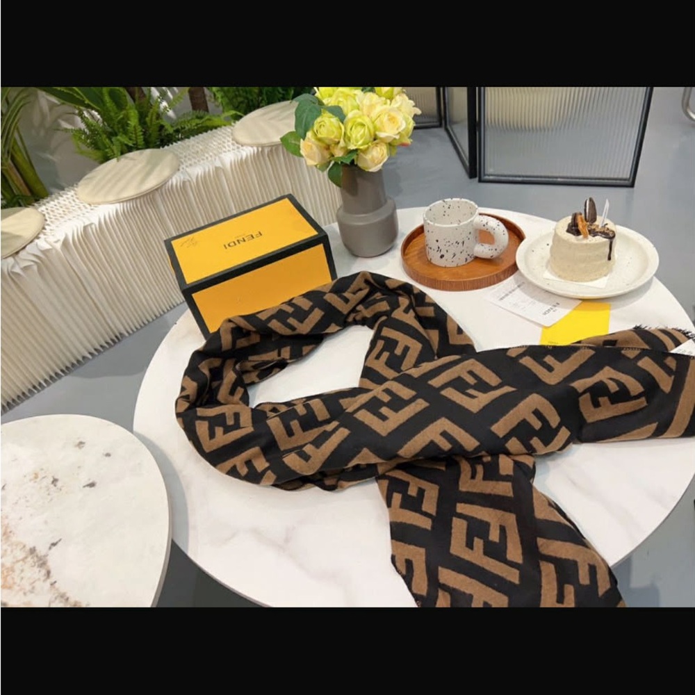 Fendi Black and Tan Logo Scarf
